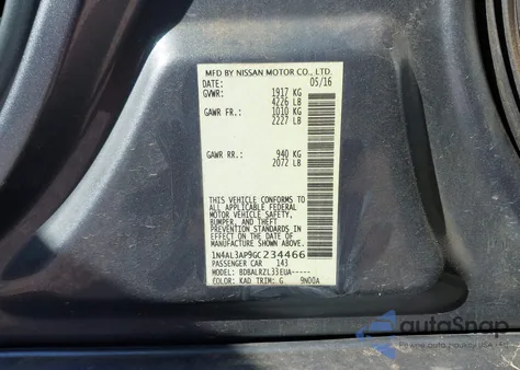 2016 Nissan Altima 2.5 Sl from USA, damaged, VIN 1N4AL3AP9GC234466